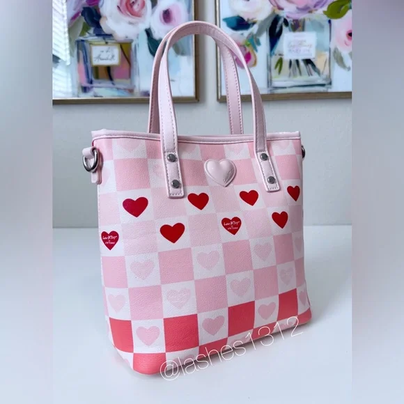 Women Bags Pink Heart Checker Tote Bag with Pom Charm - Picture 4 of 8